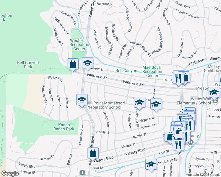 map of restaurants, bars, coffee shops, grocery stores, and more near 24224 Welby Way in Los Angeles