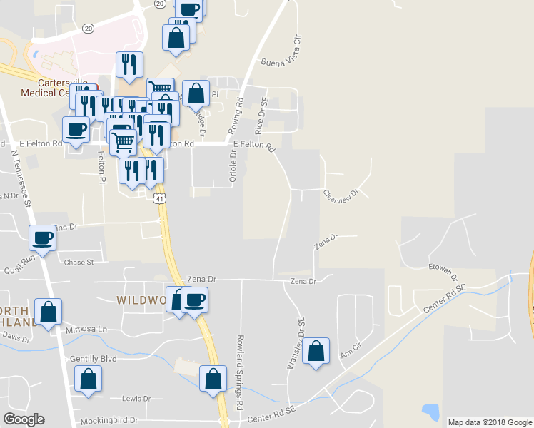 map of restaurants, bars, coffee shops, grocery stores, and more near 300306 Stonehaven Circle in Cartersville