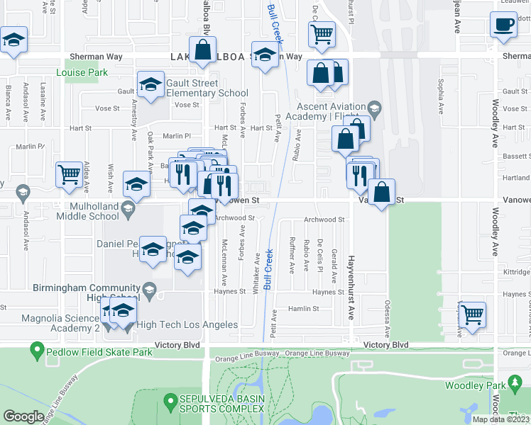 map of restaurants, bars, coffee shops, grocery stores, and more near 16729 Archwood Street in Los Angeles