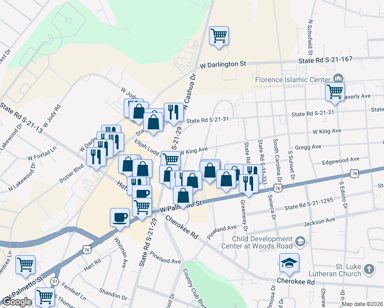 map of restaurants, bars, coffee shops, grocery stores, and more near 124 South Cashua Drive in Florence