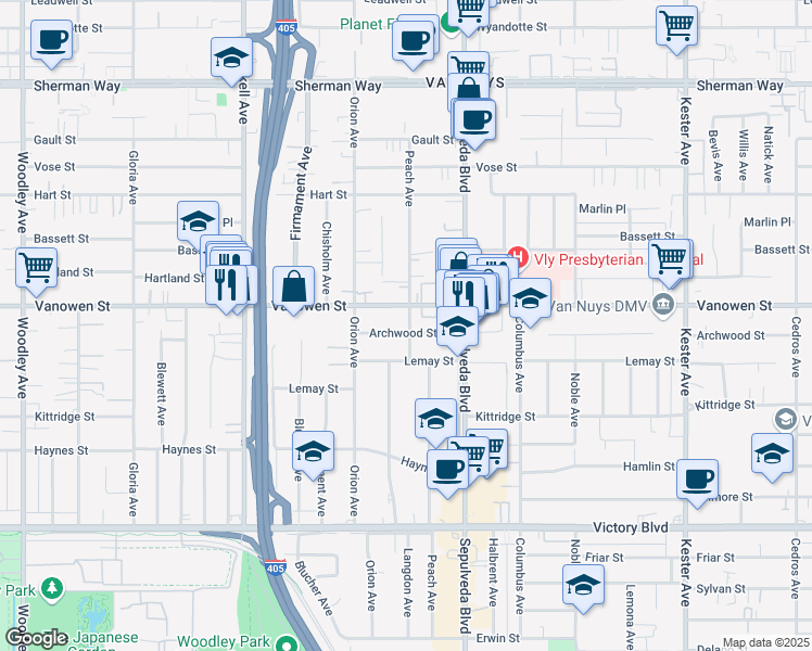 map of restaurants, bars, coffee shops, grocery stores, and more near 15401 Archwood Street in Los Angeles