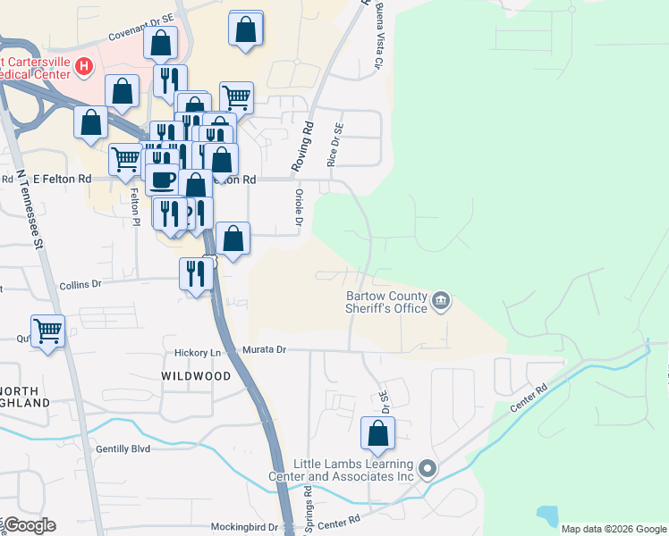 map of restaurants, bars, coffee shops, grocery stores, and more near 400 Stonehaven Circle in Cartersville