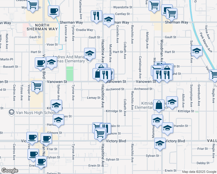 map of restaurants, bars, coffee shops, grocery stores, and more near 14039 Archwood Street in Los Angeles