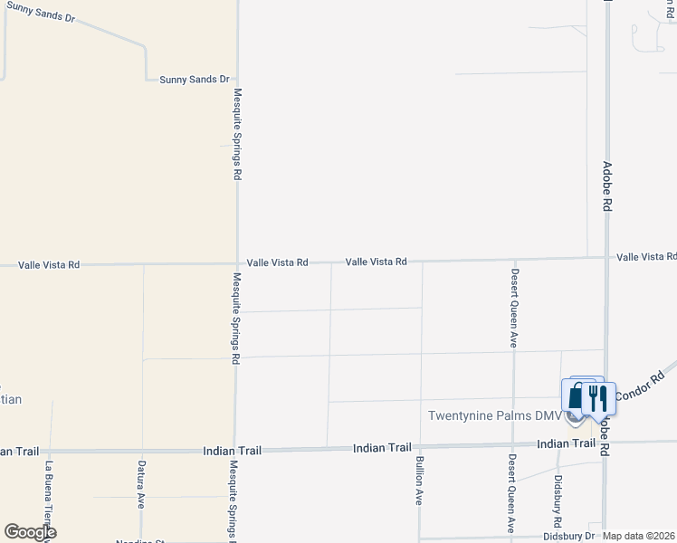 map of restaurants, bars, coffee shops, grocery stores, and more near 73348 Valle Vista Road in Twentynine Palms