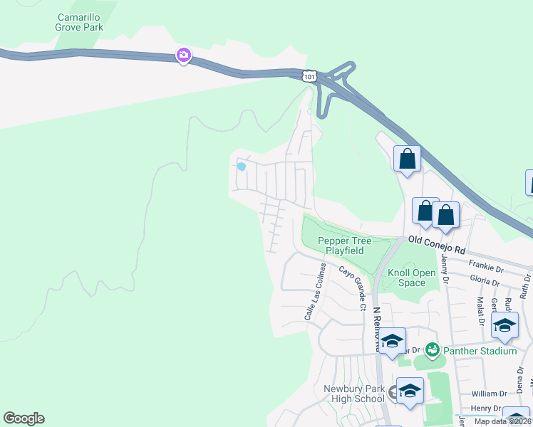 map of restaurants, bars, coffee shops, grocery stores, and more near 249 El Gallardo in Thousand Oaks