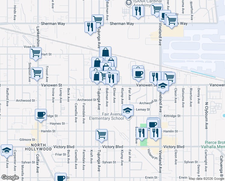 map of restaurants, bars, coffee shops, grocery stores, and more near 6735 Elmer Avenue in Los Angeles