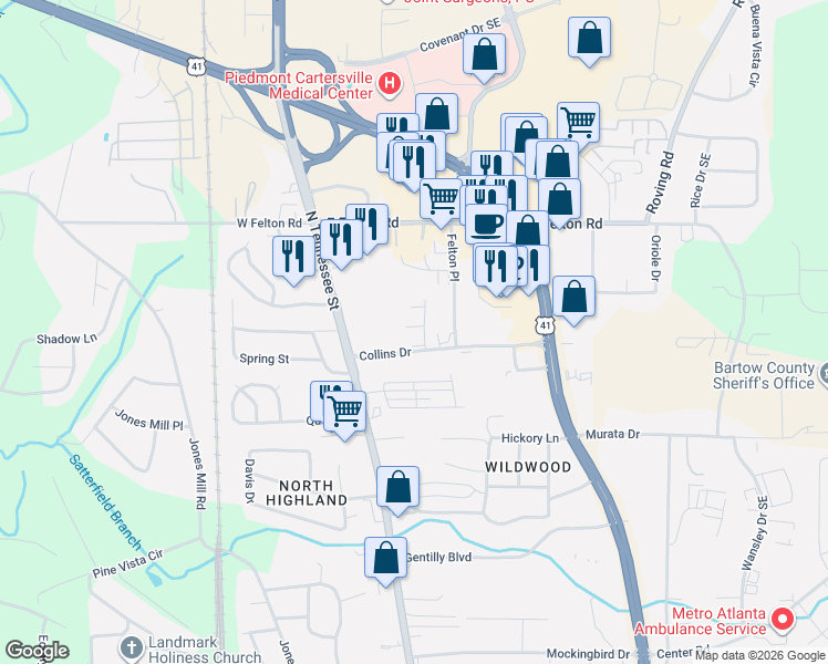 map of restaurants, bars, coffee shops, grocery stores, and more near 420 Manor Way in Cartersville