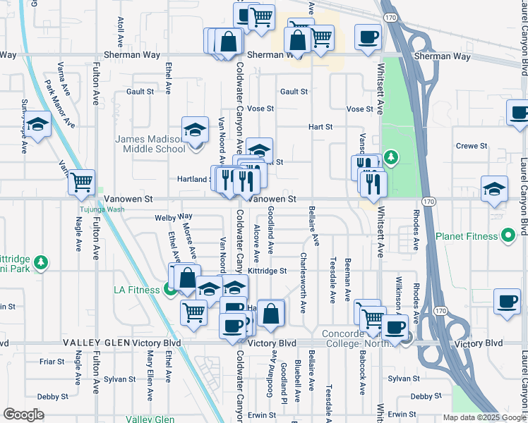 map of restaurants, bars, coffee shops, grocery stores, and more near 12809 Welby Way in Los Angeles