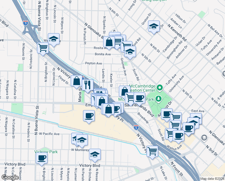 map of restaurants, bars, coffee shops, grocery stores, and more near 1706 Keeler Street in Burbank