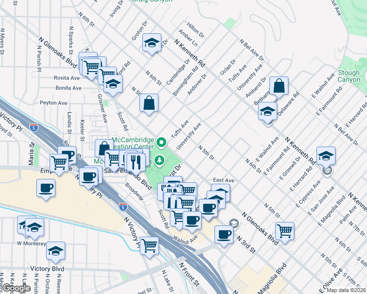 map of restaurants, bars, coffee shops, grocery stores, and more near 441 University Avenue in Burbank
