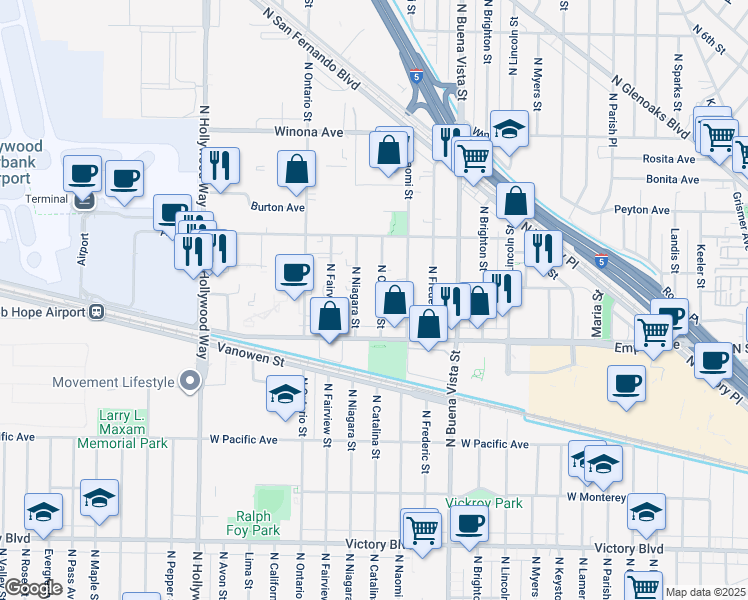 map of restaurants, bars, coffee shops, grocery stores, and more near 2304 North Catalina Street in Burbank
