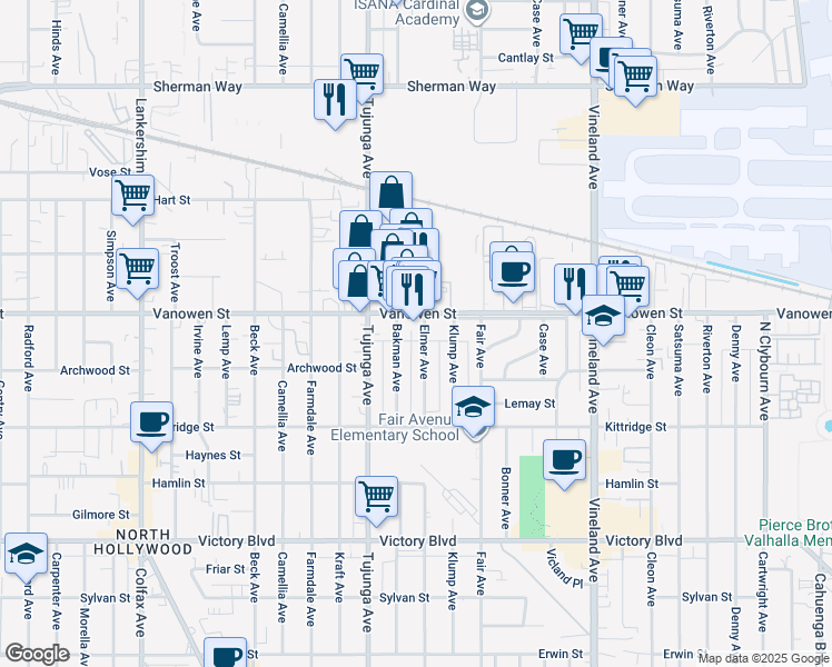 map of restaurants, bars, coffee shops, grocery stores, and more near 11308 Vanowen Street in Los Angeles