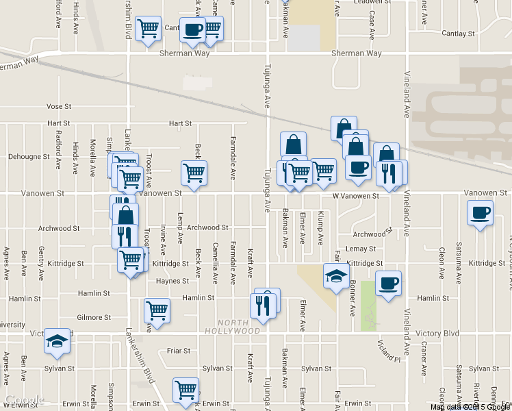 map of restaurants, bars, coffee shops, grocery stores, and more near 11426 Vanowen Street in Los Angeles