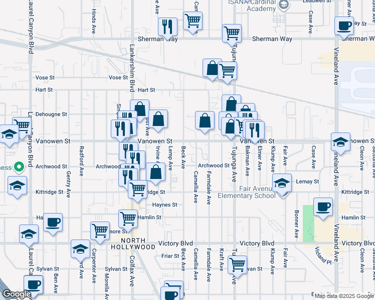 map of restaurants, bars, coffee shops, grocery stores, and more near 11501 Vanowen Street in Los Angeles