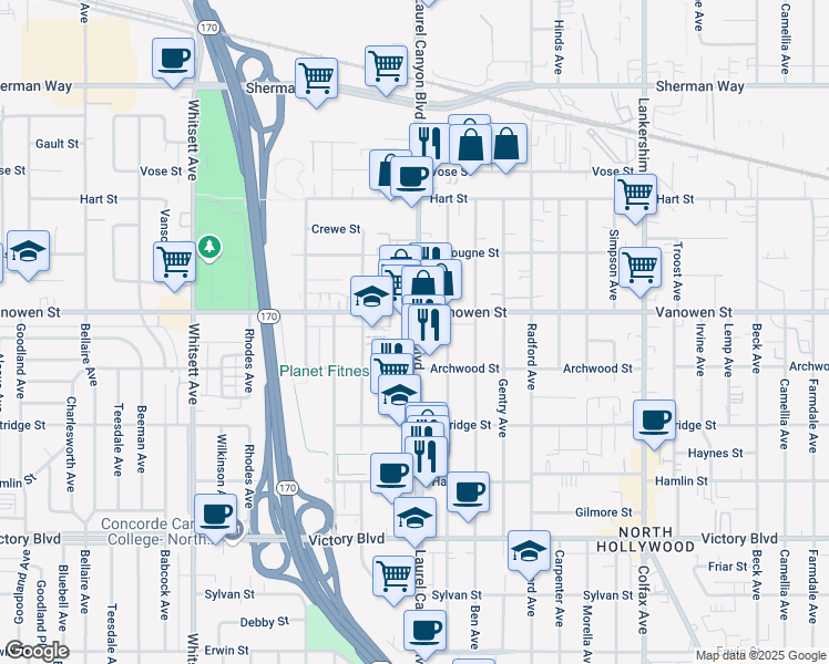 map of restaurants, bars, coffee shops, grocery stores, and more near in Los Angeles