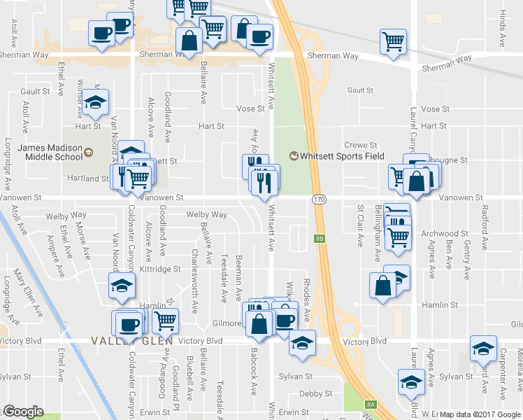 map of restaurants, bars, coffee shops, grocery stores, and more near in Los Angeles