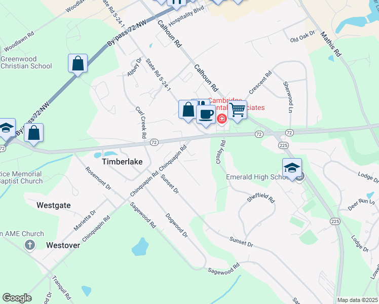 map of restaurants, bars, coffee shops, grocery stores, and more near 1407 South Carolina 72 Business in Greenwood
