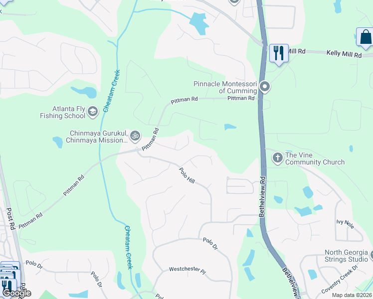 map of restaurants, bars, coffee shops, grocery stores, and more near 5050 Arcanum Place in Cumming