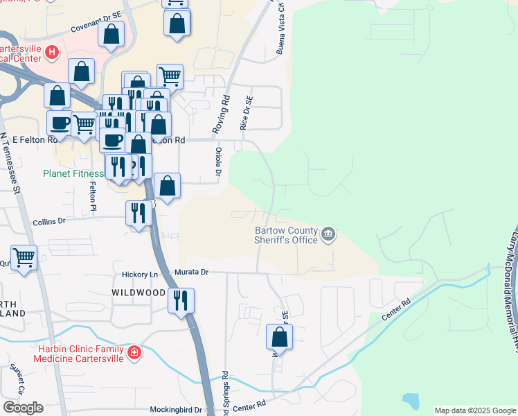 map of restaurants, bars, coffee shops, grocery stores, and more near 249 East Felton Road in Cartersville