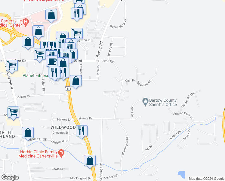map of restaurants, bars, coffee shops, grocery stores, and more near 249 East Felton Road in Cartersville