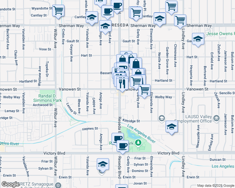 map of restaurants, bars, coffee shops, grocery stores, and more near 6747 Reseda Boulevard in Los Angeles