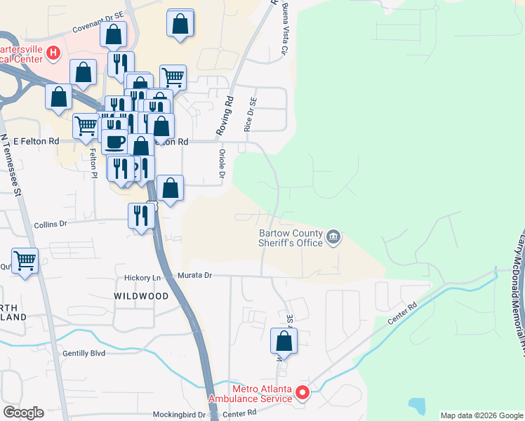 map of restaurants, bars, coffee shops, grocery stores, and more near 200 Stonehaven Circle in Cartersville