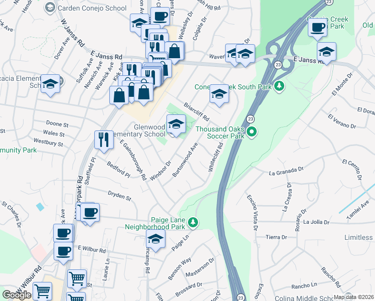 map of restaurants, bars, coffee shops, grocery stores, and more near 1129 Burtonwood Avenue in Thousand Oaks