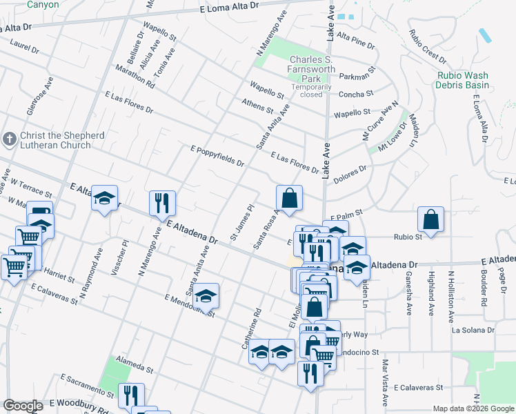 map of restaurants, bars, coffee shops, grocery stores, and more near 2834 Saint James Place in Altadena