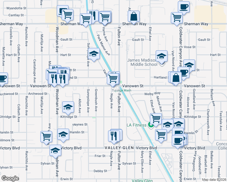 map of restaurants, bars, coffee shops, grocery stores, and more near 6742 Nagle Avenue in Los Angeles
