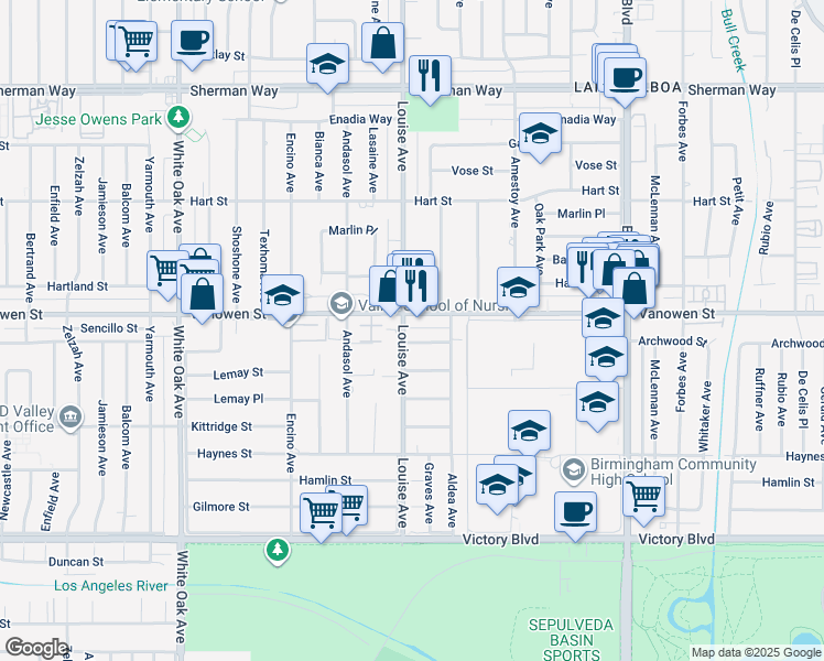 map of restaurants, bars, coffee shops, grocery stores, and more near 6742 Louise Avenue in Los Angeles