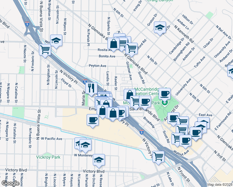 map of restaurants, bars, coffee shops, grocery stores, and more near 1706 Keeler Street in Burbank