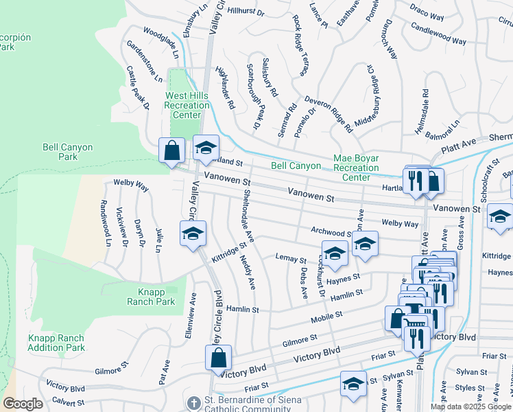 map of restaurants, bars, coffee shops, grocery stores, and more near 24230 Welby Way in Los Angeles