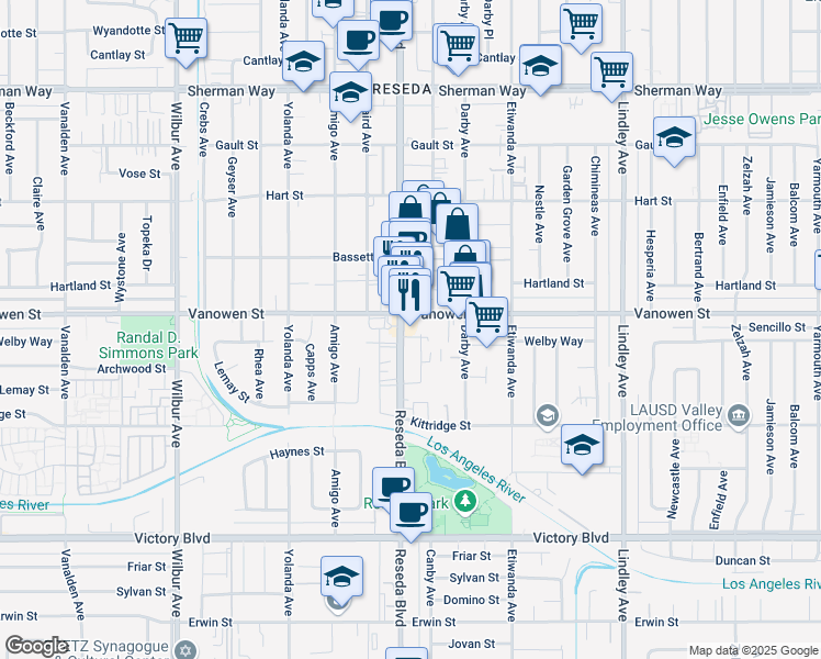 map of restaurants, bars, coffee shops, grocery stores, and more near 6747 Reseda Boulevard in Los Angeles