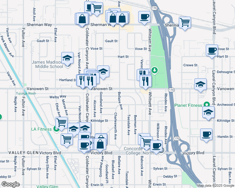 map of restaurants, bars, coffee shops, grocery stores, and more near 12703 Welby Way in Los Angeles