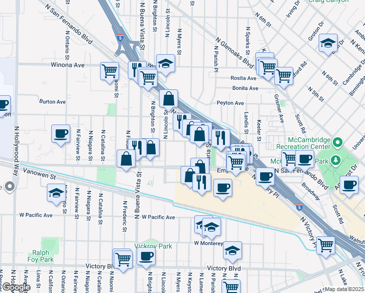 map of restaurants, bars, coffee shops, grocery stores, and more near 4 Jannetta Avenue in Burbank