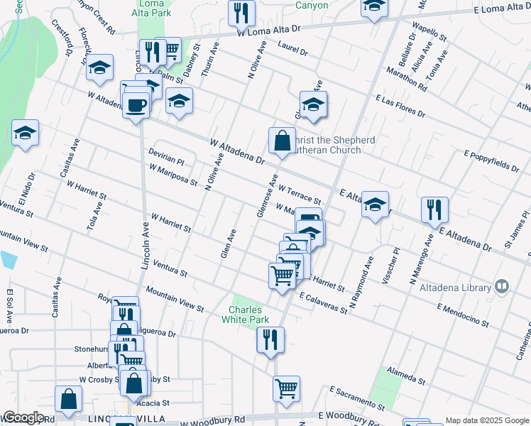 map of restaurants, bars, coffee shops, grocery stores, and more near 2836 Glenrose Avenue in Altadena