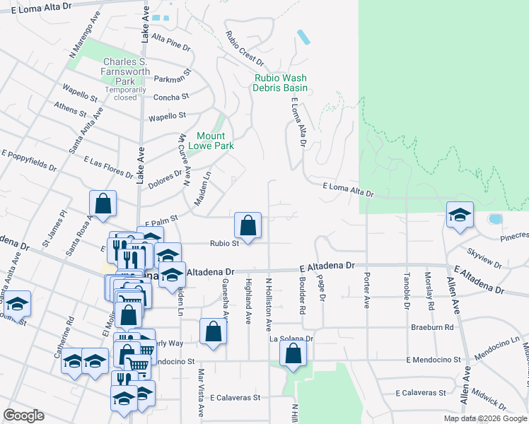 map of restaurants, bars, coffee shops, grocery stores, and more near 1313 East Palm Street in Altadena