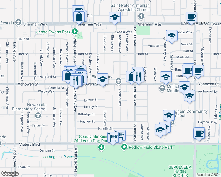map of restaurants, bars, coffee shops, grocery stores, and more near 17430 Vanowen Street in Los Angeles