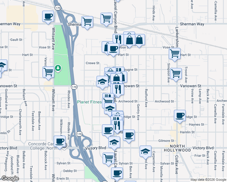 map of restaurants, bars, coffee shops, grocery stores, and more near 6745 Laurel Canyon Boulevard in Los Angeles