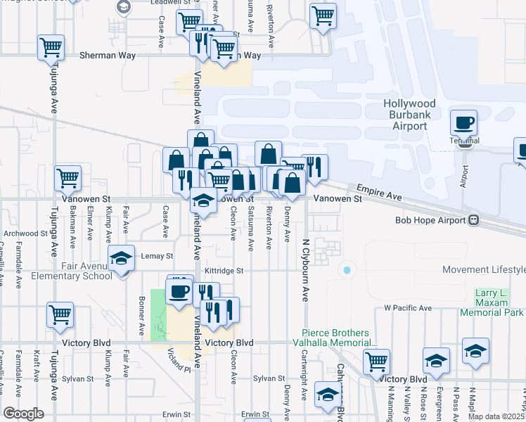 map of restaurants, bars, coffee shops, grocery stores, and more near 10810 Vanowen Street in Los Angeles