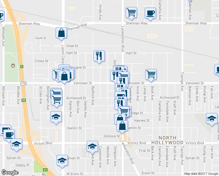map of restaurants, bars, coffee shops, grocery stores, and more near 6742 Morella Avenue in Los Angeles