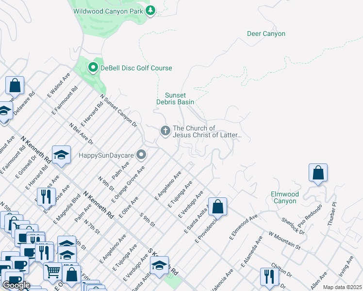 map of restaurants, bars, coffee shops, grocery stores, and more near 660 Country Club Drive in Burbank