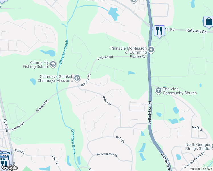 map of restaurants, bars, coffee shops, grocery stores, and more near 5050 Arcanum Place in Cumming