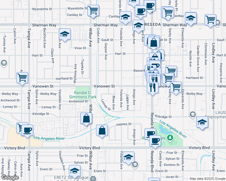 map of restaurants, bars, coffee shops, grocery stores, and more near 6747 Rhea Court in Los Angeles