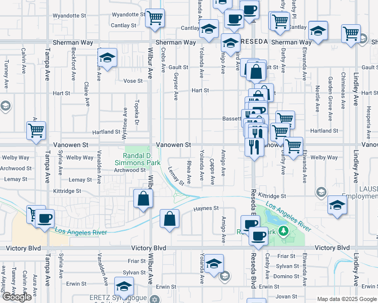 map of restaurants, bars, coffee shops, grocery stores, and more near 6747 Rhea Court in Los Angeles