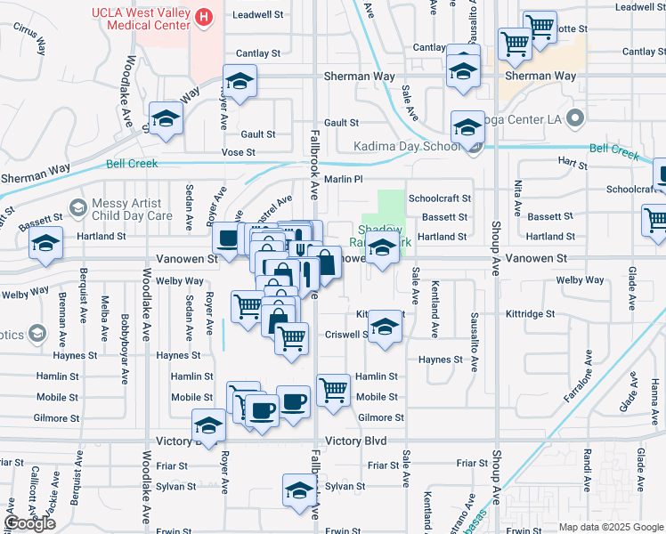 map of restaurants, bars, coffee shops, grocery stores, and more near 22761 Vanowen Street in Los Angeles