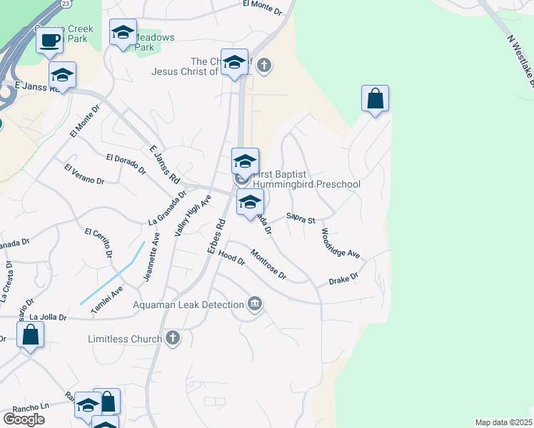 map of restaurants, bars, coffee shops, grocery stores, and more near 1204 Wilder Street in Thousand Oaks