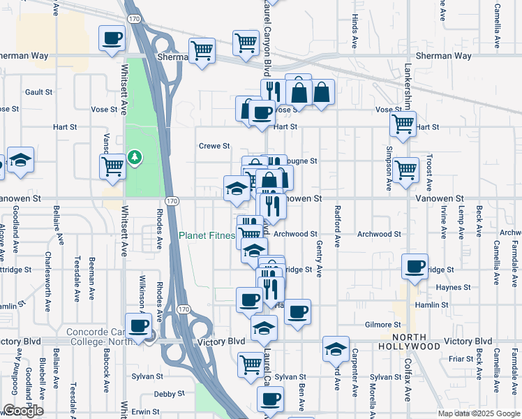 map of restaurants, bars, coffee shops, grocery stores, and more near 6745 Laurel Canyon Boulevard in Los Angeles