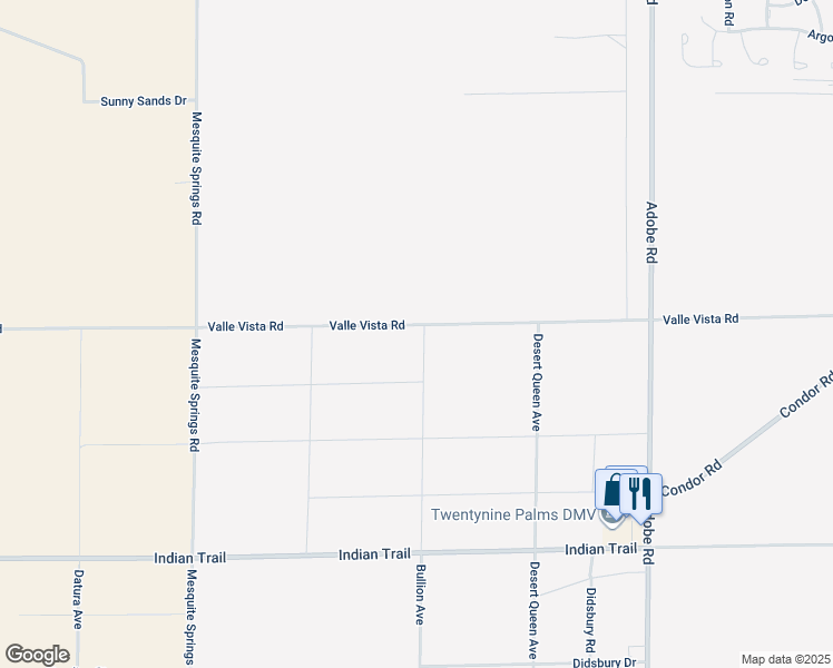 map of restaurants, bars, coffee shops, grocery stores, and more near Valle Vista Road in Twentynine Palms
