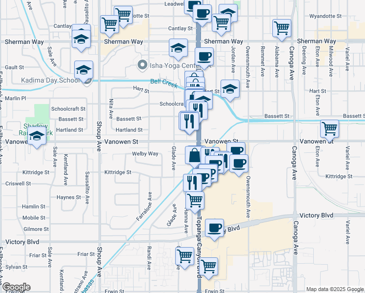 map of restaurants, bars, coffee shops, grocery stores, and more near 22038 Vanowen Street in Los Angeles
